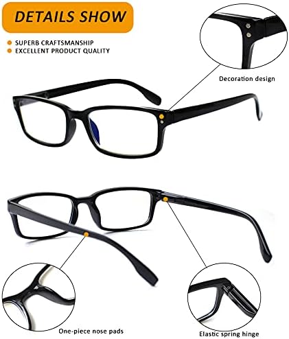 Kerecsen 4 Pack Reading Glasses for Men and Women with Spring Hinges, Lightweight Black Rectangular Readers Eyeglasses (4 Pack Mix Color, 2.5, x)