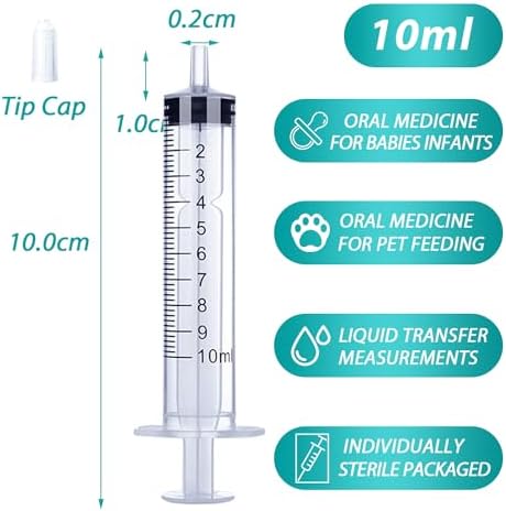 10ml Syringe for Liquid, Oral, Scientific Labs, Measurement, Dispensing, with Cap- 3 Pack