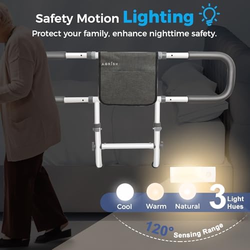 Bed Rails for Elderly Adults Safety, Extended Bed Assist Rail for Seniors with Motion Light & Storage Pouch - 400lbs ASTM Approved Bed Guard Rails, Fit King Queen Full Twin Beds