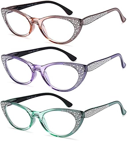EYEURL Cat Eye Reading Glasses for Women Blue Light Blocking 3 Pack Computer Readers 2.0 Spring Hinge Anti UV Ray/Eye Strain/Glare Eyeglasses