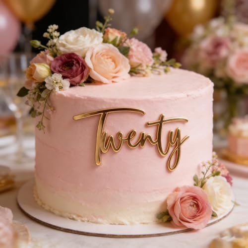 Gold Twenty Cake Topper, Acrylic 20th Birthday Cake Decoration,Happy 20th Anniversary Cake Charm Decor Party Favor Decorations Supplies,Photo Decoration Props