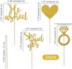 24PCS He Asked She Said Yes Wedding Cupcake Toppers, Engagement Party Decorations, Wedding Cake Toppers, Bridal Shower Decorations Diamond Ring Heart Love Cake Picks for Engagement Party
