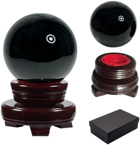 Black Obsidian Crystal Ball, 70mm/2.75" Crystal Sphere with Rotating Wooden Stand and Gift Box for Fengshui, Meditation, Healing, Divination, Witchcraft,Magic Mirror, Home Decoration