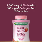 Nature's Bounty Optimal Solutions Hair, Skin and Nails Gummies with Biotin, 2500 mcg, Strawberry Flavored, 200 Count, 100 Total Servings