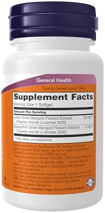 NOW Foods Supplements, Lutein & Zeaxanthin with 25 mg Lutein and 5 mg Zeaxanthin, 60 Softgels