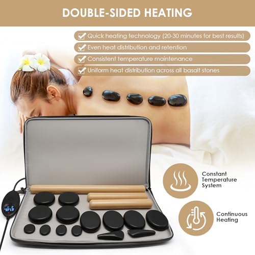 17 Pieces Massage Stones Set with Warmer Kit Hot Rocks Bamboo for Massage,Hot Stones Massage Warmer Kit with Temperature Control and Carry Bag (14 Stones and 3 Sticks)
