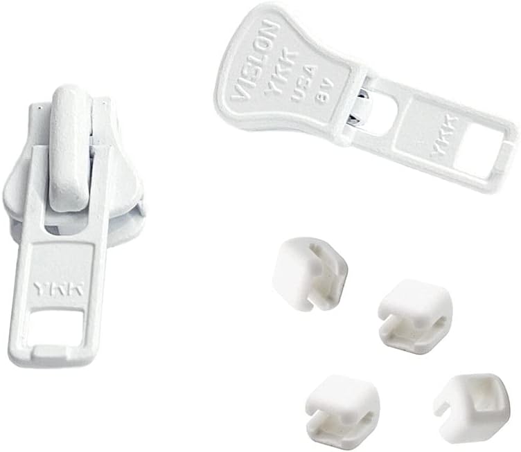 Zipper Repair Kit - #8 YKK Heavy Duty Molded Vislon White Sliders - 2 Sliders & 4 Top Stoppers Per Pack - Color: White - Made in The United States