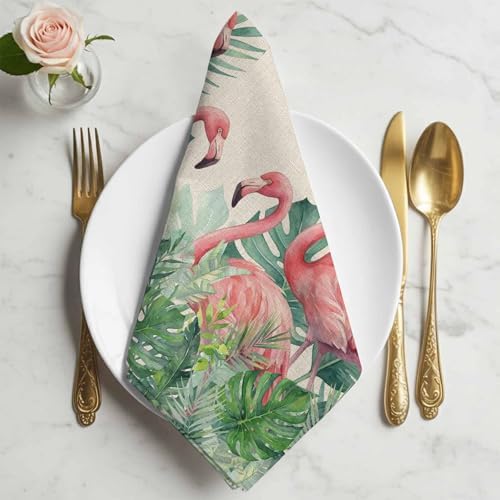 Tropical Monstera Flamingo on Linen Cloth Napkins Set of 6, Washable Napkins Cloth, Watercolor Leaves Animal Table Dinner Napkins for Kitchen Wedding Parties