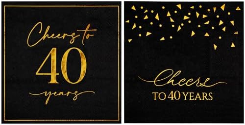 40th Birthday Napkins 2 Designs 5x5 Inches, 50PCS Cheers to 40 Years Cocktail Napkins Party Napkins Paper Beverage Napkins for Anniversary 40th Birthday Decorations(Black and Gold)