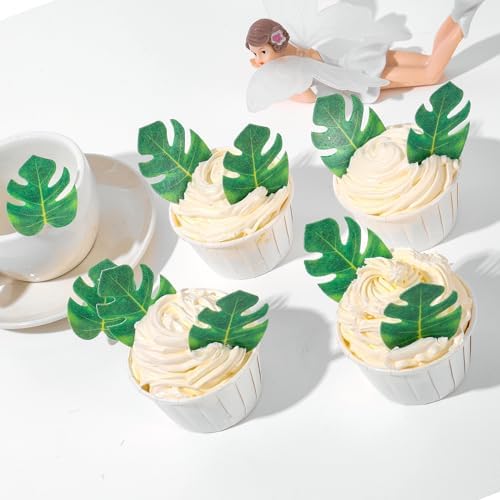 YOcity 48Pcs Edible Tropical Plam Leaves Cake Toppers Wafer Paper Tropical Palm Leaves Cupcake Toppers for Hawaii Theme Jungle Summer Party Birthday Wedding Baby Shower Cake Decoration