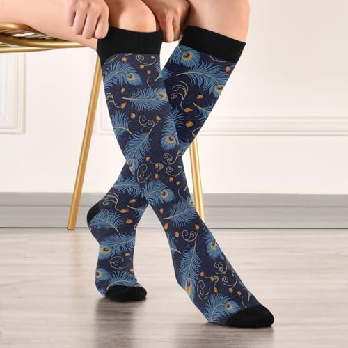 Blue Peacock Feathers Compression Socks for Women and Men 20-30 mmHg Knee High Socks for Nurses Travel Socks 1 Pair