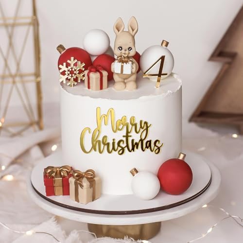 Mirror Gold Merry Christmas Cake Toppers - Acrylic & Side Cake Decorations Kit in Gold