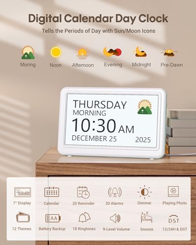 Digital Clock with Date and Week for Seniors, Alzheimer's Dementia Clock with 20 Alarms and 6 Medicine Reminders, Large Font Digital Calendar Alarm Clock for Vision Impaired, White (Ac Powered)