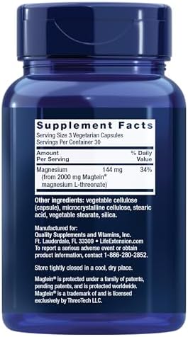 Life Extension Neuro-Mag Magnesium L-Threonate, Memory Health, Quick Thinking, Cognitive Health Support, Vegetarian, Non-GMO, 90 Vegetarian Capsules (144 mg from 2000 mg Magtein magnesium L-threonate