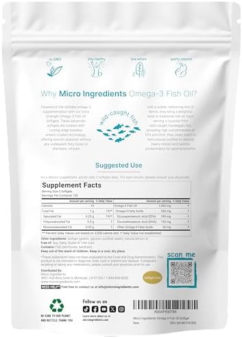 Micro Ingredients Extra Strength Omega 3 Fish Oil Supplements 1,000mg Per Serving, 300 Softgels | Lemon Flavored | Burpless | EPA 180mg + DHA 120mg | Deep Sea Fish