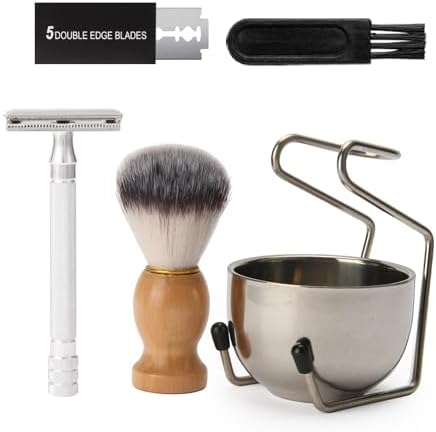 Badger Hair Shaving Brush with Wood Handle,Double Edge Safety Razor,Stainless Steel Shaving Stand and 3 Layers Shaving Bowl Perfect for Men Gift