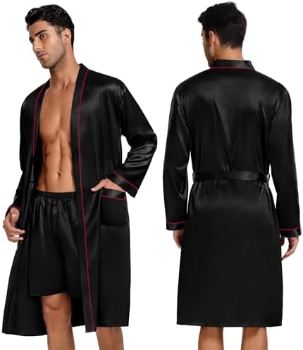 SWOMOG Mens 3 PCS Satin Robe with Pants & Shorts Set Kimono Bathrobe Long Sleeve Sleepwear Pjs Sets with Pockets
