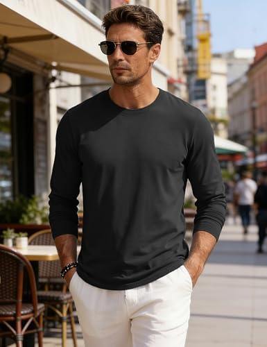 EKLENTSON Men's Cotton Crewneck T-Shirts Long Sleeve Plain Tee Moisture Wicking Casual Tshirts Solid Color