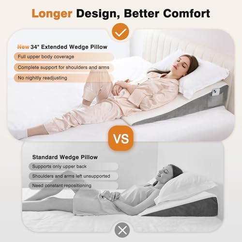 Vekkia 34" Extra-Long Wedge Pillow, Back & Arm Support, Bed Wedge Pillow for Sleeping After Surgery, Acid Reflux, Snoring Relief, Removable Washable Cover & Double Side Pockets, 7.5" Height