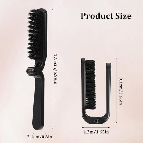 Travel Folding Pocket Brush Boar Bristle Hair Brushes Foldable Anti-Static Compact Beard Brushes for Men and Women, Mustache Brush Portable Pocket Styling Tool for Thin And Thick Hair, 2PCS