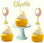 24 PCS Gold Glitter Cheers Wine Glass Cupcake Toppers for Birthday Party Engagement Bridal Wedding Baby Shower Anniversary Party Cake Dessert Decorations Supplies Picks