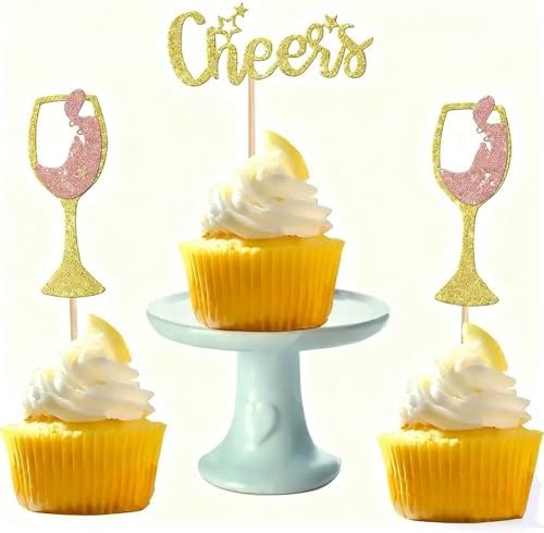 24 PCS Gold Glitter Cheers Wine Glass Cupcake Toppers for Birthday Party Engagement Bridal Wedding Baby Shower Anniversary Party Cake Dessert Decorations Supplies Picks