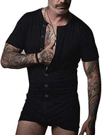 Mens Short Sleeve Onesie Henley Jumpsuit Pajamas Stretchy Cotton One Piece Garment