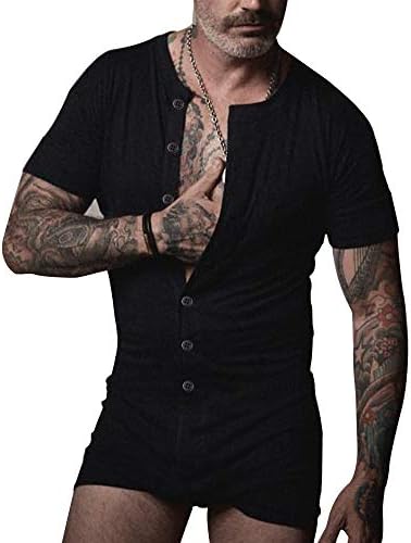 Mens Short Sleeve Onesie Henley Jumpsuit Pajamas Stretchy Cotton One Piece Garment