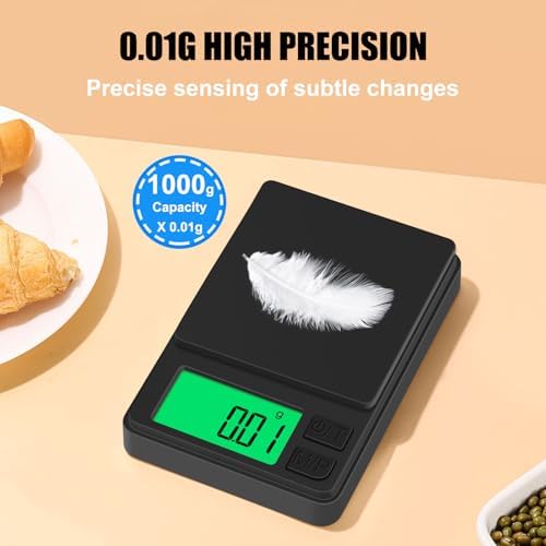 Digital Pocket Scale 1000g x 0.01g, Diyife Portable Precision Gram Scale Jewelry Scale with Protective Cover, Auto-Off, Backlit LCD, 7 Units Tare, for Food, Kitchen, Coffee, Battery Included