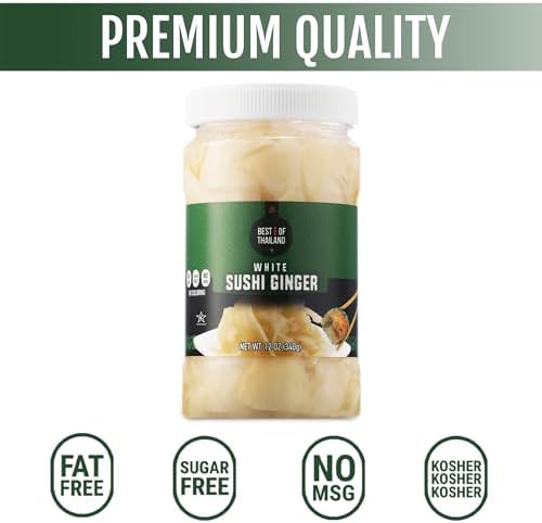 Best of Thailand Japanese White Pickled Sushi Ginger | No MSG | 2 Jars of 12oz Fresh Sliced Young Gari Pickled Ginger in All Natural, Sweet Pickling Brine with Color | Fat-Free, Sugar-Free, Kosher