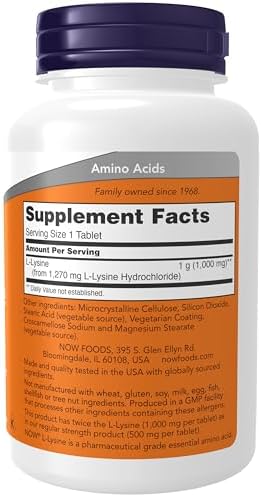 NOW Foods Supplements, (L-Lysine Hydrochloride) 1,000 mg, Double Strength, Amino Acid, 100 Tablets