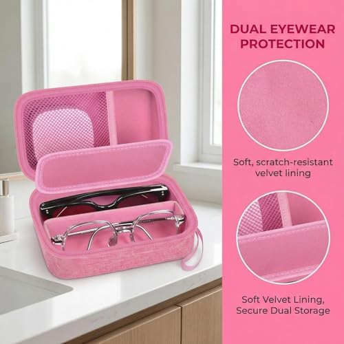 GWCASE Travel Glasses Organizer & Contact Lens Case - Adjustable Slots, Built-in Mirror, Tweezers, Solution Bottle & Hand Strap, Universal Fits Eyelasses/Sunglasses for Men & Women – Pink