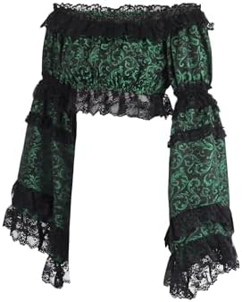 Daisy corsets Women's Green/Black Brocade Smocked Flare Sleeve Peasant Top Blouse Fashion Off the Shoulder