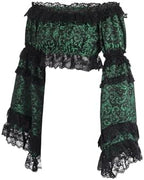 Daisy corsets Women's Green/Black Brocade Smocked Flare Sleeve Peasant Top Blouse Fashion Off the Shoulder