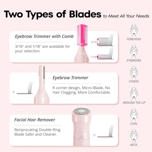 VG VOGCREST Women's Eyebrow Trimmer & Facial Hair Remover, 2 in 1, Double Rotating Blades, Safe, Painless, Hypoallergenic, Rechargeable, USB Charging