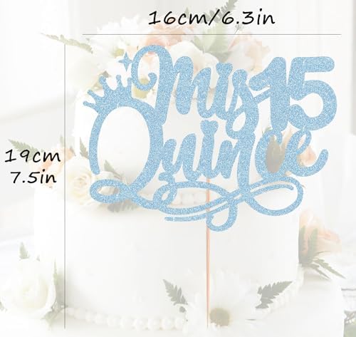 Quinceanera 15 Cake Topper - Light Blue Glitter 15th Birthday or Anniversary Party Cake Decorations for Girls, Mis Años 15 Cake Topper, Cheers to 15 Years Birthday Party Photo Booth Props