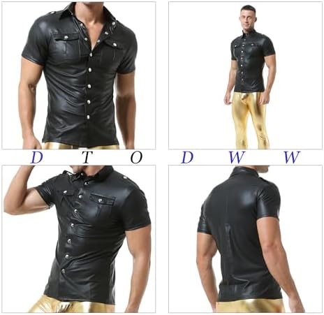 DTODWW Mens Wet Look Undershirt Faux Leather Zipper Shirts Shiny Short Sleeve T-Shirts Slim Fit Muscle Tops Casual Clubwear