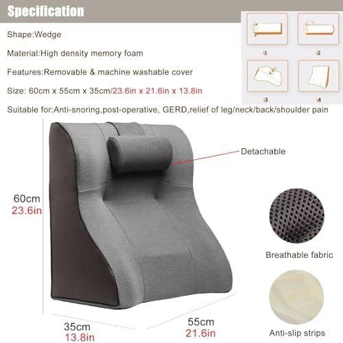 Flexible Acid Reflux Pillow for Sleeping, Elderly/Pregnant/Side Sleeper Back Support Cushion for Bed Gerd Snoring Neck Pain Relief, Postoperative Elevated Pillows with Washable Cover