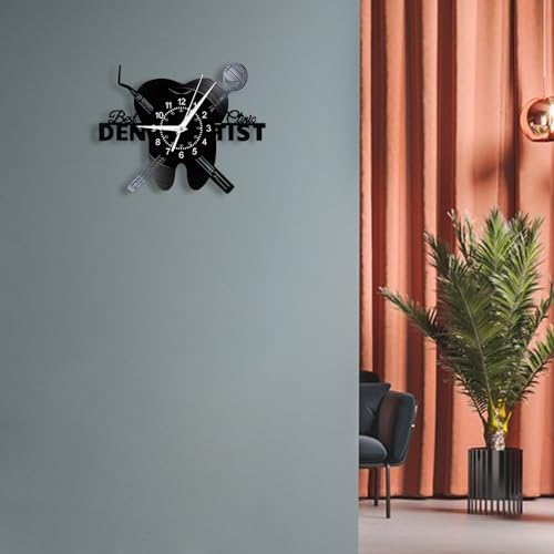 Dental Clinic Wall Clock, 12'' Teeth Dental Office Decor Clock Silent Quartz Non Ticking Battery Operated Modern Decorative Analog Black Vinyl Record Wall Clock for Dentist's Office Dentistry