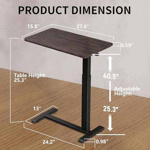 Ywin Overbed Bedside Table with Wheels, Medical Adjustable Hospital Bed Table with Pneumatic Lift for Home Use, Black Walnut Wood Look Tray Desk for Couch and Bed (Black Walnut)