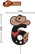 Cowboy 6th Birthday Cake Topper - Little Six Years Old Rodeo Western Party Decoration - My 6th Theme Party Supplies - Black & Brown Glitter
