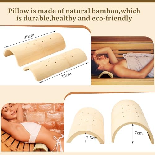 Weysat 1 Pcs Bamboo Sauna Headrest for Sauna Accessory and 1 Pcs Bamboo Waist Pillow Neck Cervical Support Pillow Set for Stiff Neck, Shoulder Pain, Spinal Health, Relaxation, Spa Rooms and Home