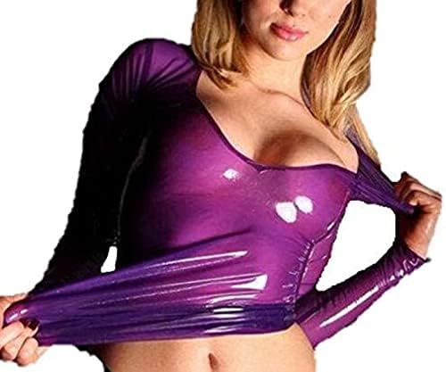 Sexy Latex Rubber Tops for Women O-Neck Unique Tight T-Shirt,X-Small
