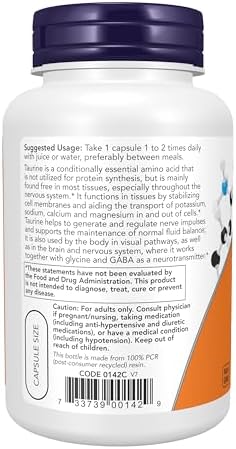 NOW Supplements, Taurine 1,000 mg, Double Strength, Nervous System Health*, 100 Veg Capsules