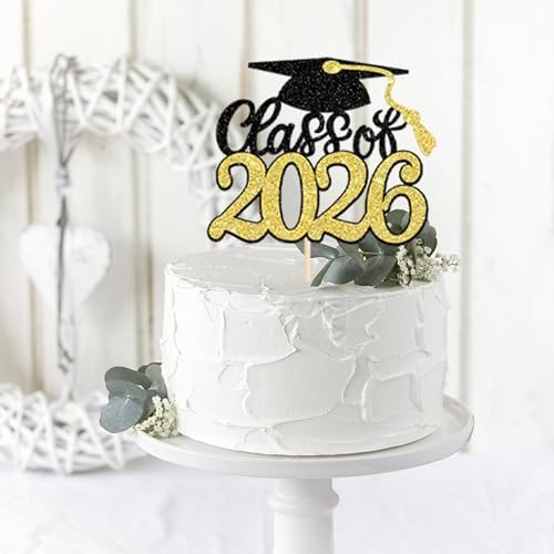 Rsstarxi 1 Pack Class of 2026 Cake Topper Graduation Party Decorations Grad Cap Cake Pick for 2026 Graduation Theme Congrats Grad Party Cake Decorations Gold