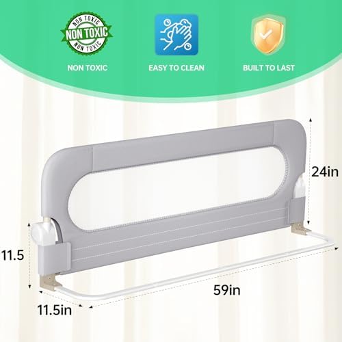 UPGOGO Folding Bed Rail for Toddlers,Baby Bed Rail Guard with Reinforced Anchor Safety System,Fit Bunk,Full Size,Queen,King,Twin(Grey,59"x23.6")