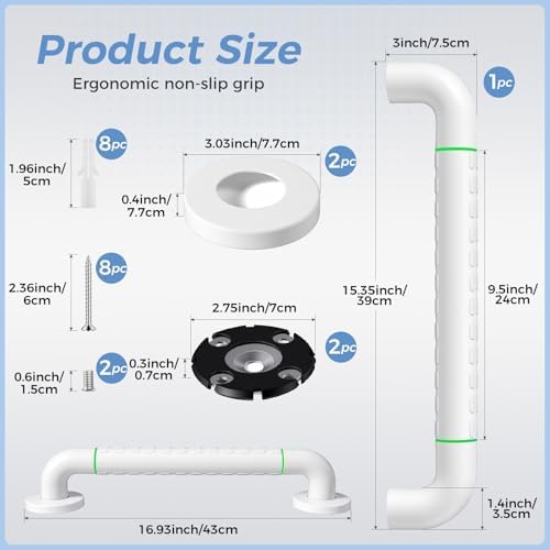 Grab Bars for Bathtubs and Showers, 16 Inch Anti Slip Bathroom Safety Shower Handles for Seniors Handicap Elderly Assistance, Hand Rails for Toilet Walls Bath Tub, 1" Stainless Steel Handrail（White）