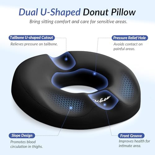 ZIKEE Dual U-Shaped Donut Pillow for Tailbone Pain, Hemorrhoid Pillow for Sitting with Pressure Relief Hole & Slope Design, Donut Seat Cushion for Coccyx, Postpartum & Post Surgery Sitting Relief