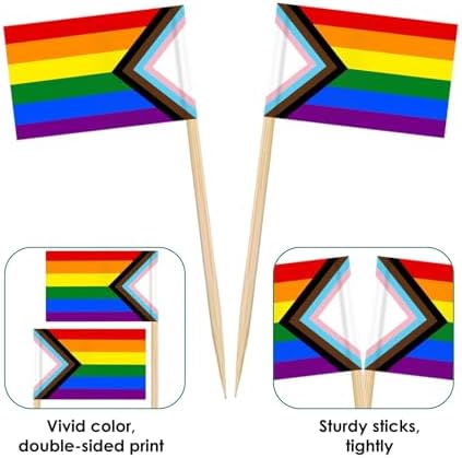 AhfuLife 100pcs Progress Pride LGBTQ Toothpick Flags Cake Toppers, Progress LGBTQ Cocktail Stick Flag for Sandwich Food Cupcake Toppers Tableware Pride Day Party Supplies Pub Royal Event Decor