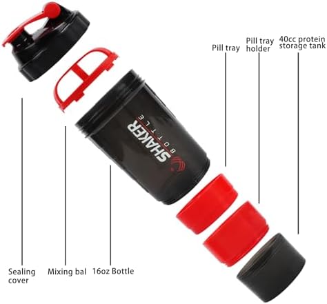 Shaker Bottle,16oz Protein Shaker Bottles with Mixing Ball, 3 in 1 Leak-proof GYM Shake Cup with Powder Storage & Pill Tray, Ideal for Workout,BPA Free（Red）